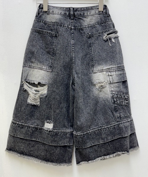 ダブルウエスト クラッシュ ハーフデニムパンツ