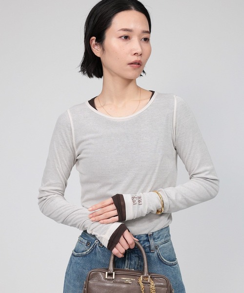 PROTAGONISTA(プロタゴニスタ)の「【PROTAGONISTA】レイヤーカットソー(Tシャツ/カットソー・レディース・ホワイト/ブラウン・フリー)」の2枚目の写真