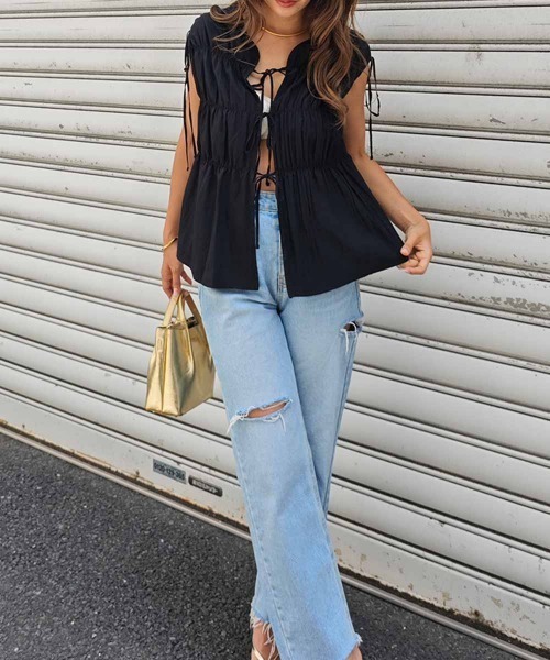 esutoreja（エストレジャ）の「シャーリングリボンブラウス（シャツ/ブラウス・レディース・ブラック/ホワイト・FREE）」の9枚目の写真