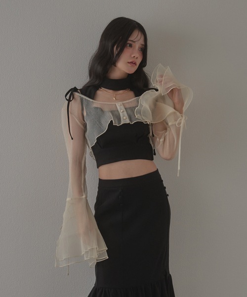 M DOLLY(エムドリー)の「*M DOLLY original* sheer pleats cardigan/シアープリーツカーディガン(カーディガン/ボレロ・レディース・アイボリー/ブラック・FREE)」の1枚目の写真