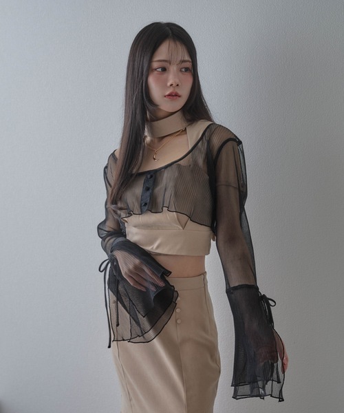 M DOLLY(エムドリー)の「*M DOLLY original* sheer pleats cardigan/シアープリーツカーディガン(カーディガン/ボレロ・レディース・アイボリー/ブラック・FREE)」の8枚目の写真