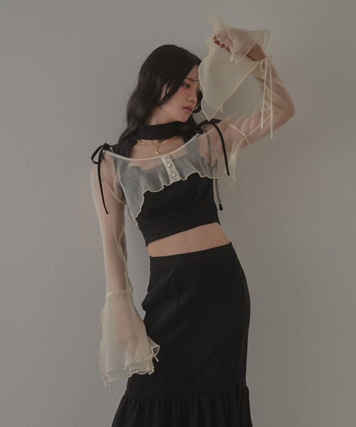 M DOLLY(エムドリー)の「*M DOLLY original* sheer pleats cardigan/シアープリーツカーディガン(カーディガン/ボレロ・レディース・アイボリー/ブラック・FREE)」の6枚目の写真
