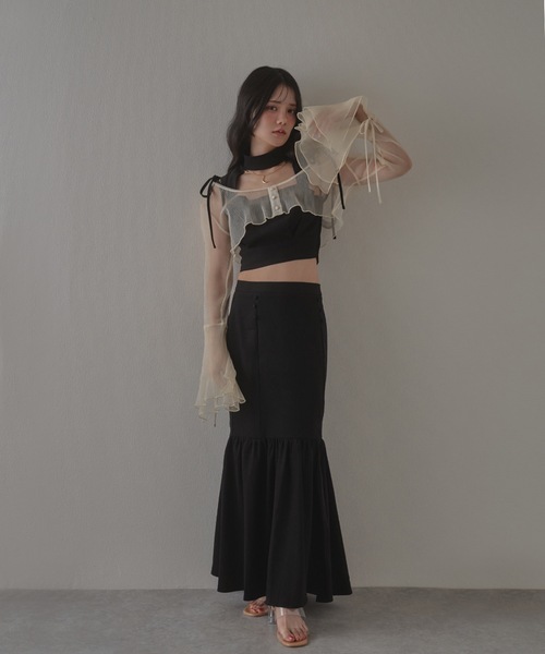 M DOLLY(エムドリー)の「*M DOLLY original* sheer pleats cardigan/シアープリーツカーディガン(カーディガン/ボレロ・レディース・アイボリー/ブラック・FREE)」の7枚目の写真