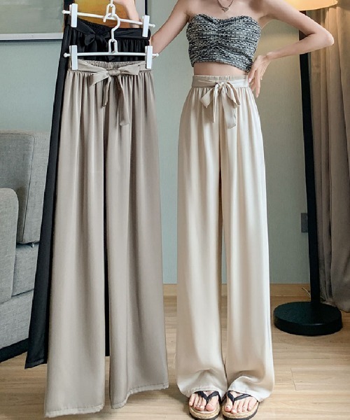 shoppinggo(ショッピングゴー)の「夏服 ワイドパンツ サマーパンツ ストレート ウエストゴム ズボン ゆったり リラックスパンツ(スラックス・レディース・ベージュ/キャメル/ピンク/グレー/カーキ/ブラック・M)」の18枚目の写真