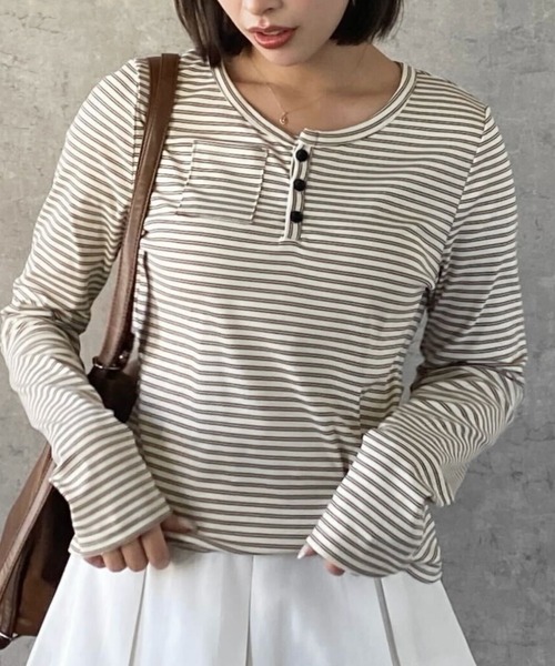 SHEPP（シープ）の「【お気に入り数5千人突破!/新色アイボリー・グレー追加】ボーダー ヘンリーネック ロンT/長袖（Tシャツ/カットソー・レディース・ブラック/ベージュ/アイボリー/グレー・M/S）」の4枚目の写真