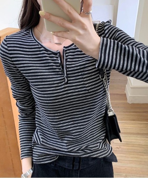 SHEPP（シープ）の「【お気に入り数5千人突破!/新色アイボリー・グレー追加】ボーダー ヘンリーネック ロンT/長袖（Tシャツ/カットソー・レディース・ブラック/ベージュ/アイボリー/グレー・M/S）」の20枚目の写真