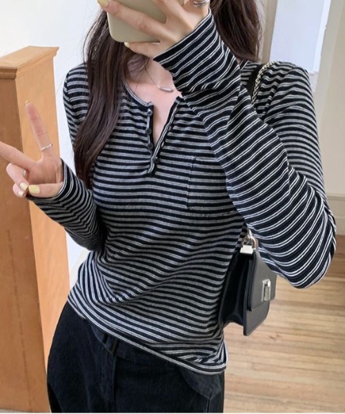 SHEPP（シープ）の「【お気に入り数5千人突破!/新色アイボリー・グレー追加】ボーダー ヘンリーネック ロンT/長袖（Tシャツ/カットソー・レディース・ブラック/ベージュ/アイボリー/グレー・M/S）」の21枚目の写真