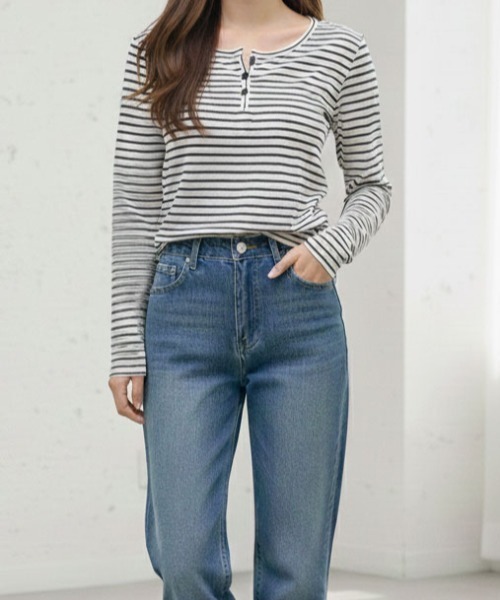 SHEPP（シープ）の「【お気に入り数5千人突破!/新色アイボリー・グレー追加】ボーダー ヘンリーネック ロンT/長袖（Tシャツ/カットソー・レディース・ブラック/ベージュ/アイボリー/グレー・M/S）」の5枚目の写真