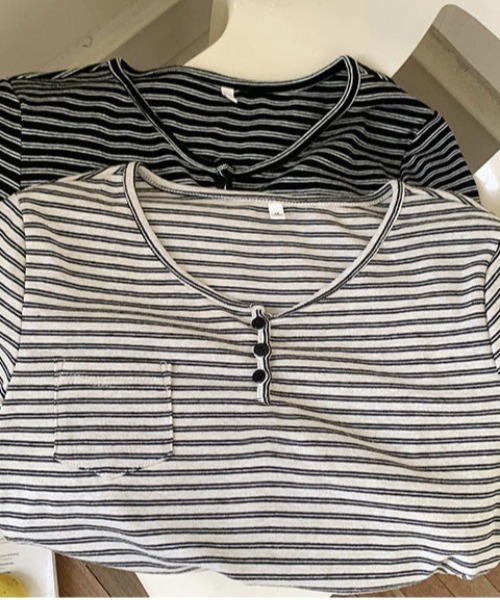 SHEPP（シープ）の「【お気に入り数5千人突破!/新色アイボリー・グレー追加】ボーダー ヘンリーネック ロンT/長袖（Tシャツ/カットソー・レディース・ブラック/ベージュ/アイボリー/グレー・M/S）」の7枚目の写真