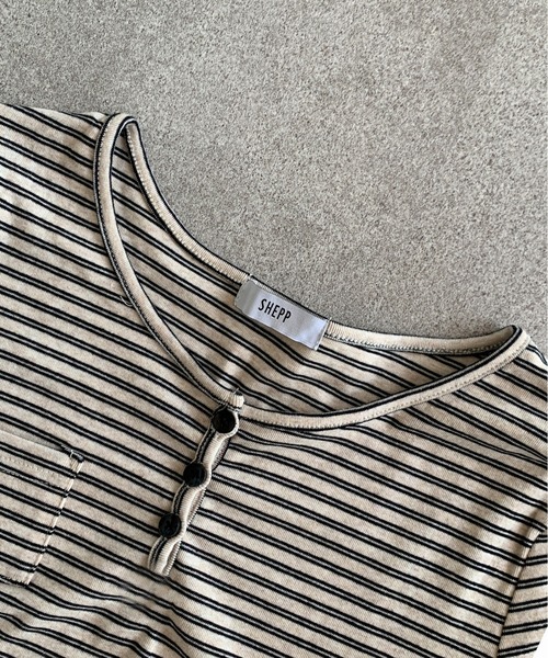 SHEPP（シープ）の「【お気に入り数5千人突破!/新色アイボリー・グレー追加】ボーダー ヘンリーネック ロンT/長袖（Tシャツ/カットソー・レディース・ブラック/ベージュ/アイボリー/グレー・M/S）」の6枚目の写真