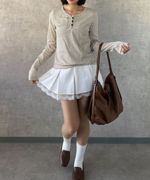 SHEPP（シープ）の「【お気に入り数5千人突破!/新色アイボリー・グレー追加】ボーダー ヘンリーネック ロンT/長袖（Tシャツ/カットソー・レディース・ブラック/ベージュ/アイボリー/グレー・M/S）」の13枚目の写真