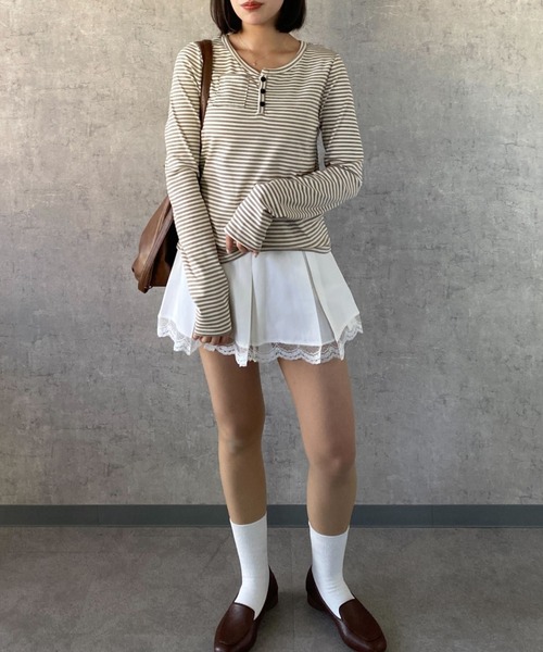 SHEPP（シープ）の「【お気に入り数5千人突破!/新色アイボリー・グレー追加】ボーダー ヘンリーネック ロンT/長袖（Tシャツ/カットソー・レディース・ブラック/ベージュ/アイボリー/グレー・M/S）」の14枚目の写真