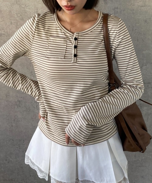 SHEPP（シープ）の「【お気に入り数5千人突破!/新色アイボリー・グレー追加】ボーダー ヘンリーネック ロンT/長袖（Tシャツ/カットソー・レディース・ブラック/ベージュ/アイボリー/グレー・M/S）」の12枚目の写真