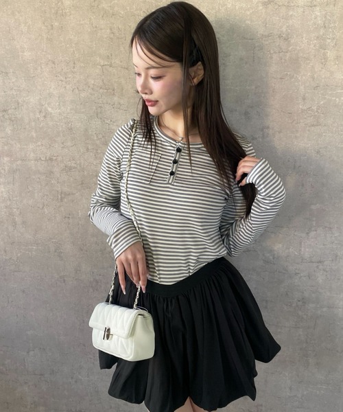 SHEPP（シープ）の「【お気に入り数5千人突破!/新色アイボリー・グレー追加】ボーダー ヘンリーネック ロンT/長袖（Tシャツ/カットソー・レディース・ブラック/ベージュ/アイボリー/グレー・M/S）」の11枚目の写真