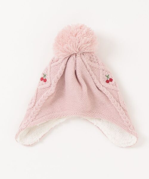 Kids Foret(キッズフォーレ)の「さくらんぼ刺繍耳付アクリルニット帽(ニットキャップ/ビーニー・キッズ・オフホワイト/ライトピンク・56/53)」の2枚目の写真