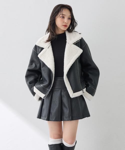 フェイクレザープリーツスカパン フェイクレザーステンミドルブルゾン