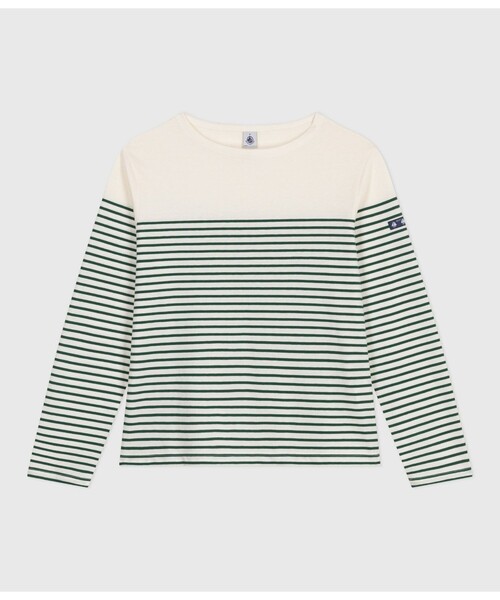 PETIT BATEAU(プチバトー)の「マリニエールプルオーバー(ニット/セーター・レディース・オフホワイト/ホワイト×グリーン/パープル・XX-SMALL/X-SMALL/SMALL/MEDIUM)」の2枚目の写真