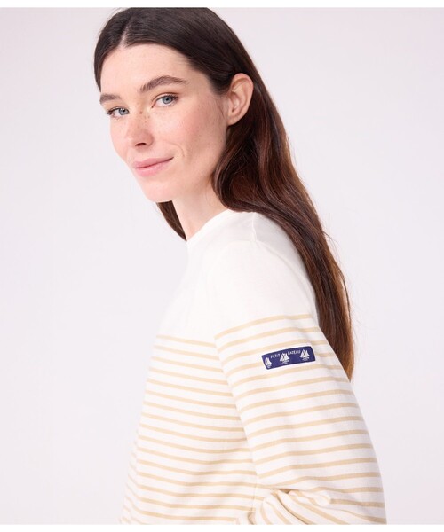 PETIT BATEAU(プチバトー)の「マリニエールプルオーバー(ニット/セーター・レディース・オフホワイト/ホワイト×グリーン/パープル・XX-SMALL/X-SMALL/SMALL/MEDIUM)」の6枚目の写真
