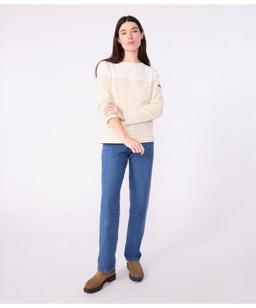 PETIT BATEAU(プチバトー)の「マリニエールプルオーバー(ニット/セーター・レディース・オフホワイト/ホワイト×グリーン/パープル・XX-SMALL/X-SMALL/SMALL/MEDIUM)」の7枚目の写真