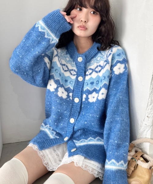 セール】フラワーノルディック柄ニットカーディガン（カーディガン
