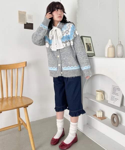 セール】フラワーノルディック柄ニットカーディガン（カーディガン