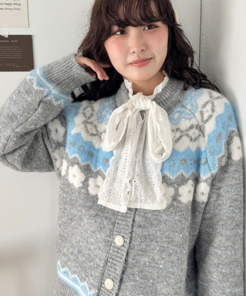 セール】フラワーノルディック柄ニットカーディガン（カーディガン