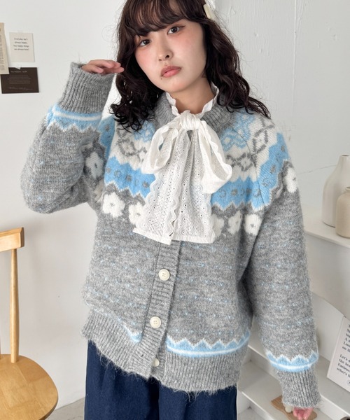 セール】フラワーノルディック柄ニットカーディガン（カーディガン