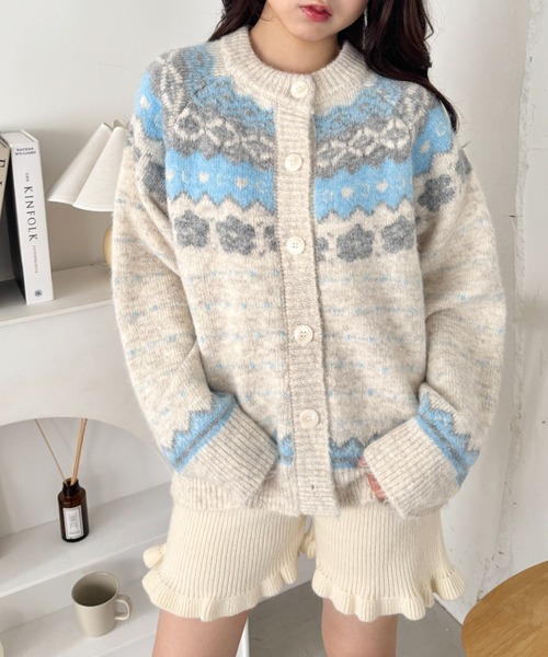 美品 OLEANA アルハンブラ 総柄 ニットカーディガン セール】フラワーノルディック柄ニットカーディガン（カーディガン