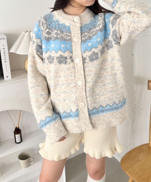 セール】フラワーノルディック柄ニットカーディガン（カーディガン