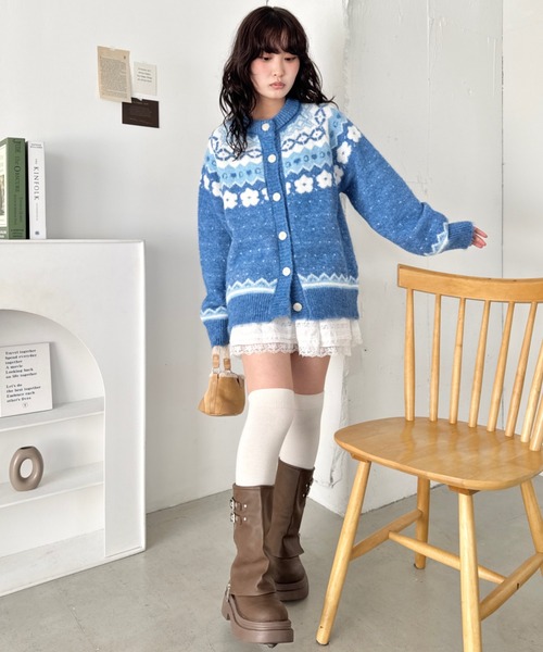 セール】フラワーノルディック柄ニットカーディガン（カーディガン