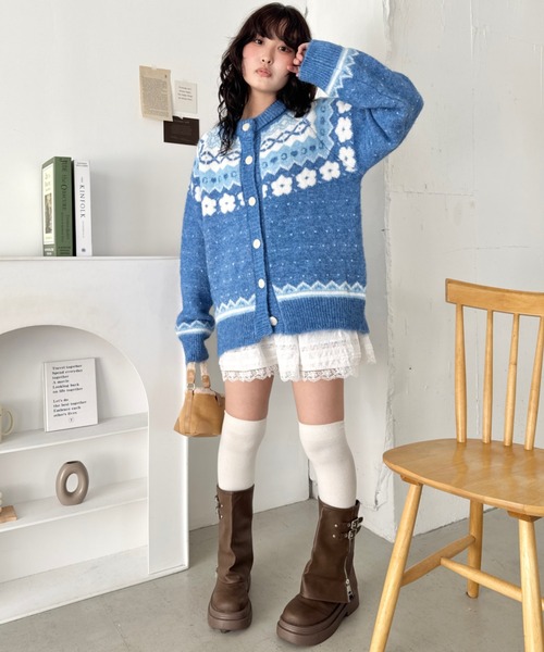 セール】フラワーノルディック柄ニットカーディガン（カーディガン