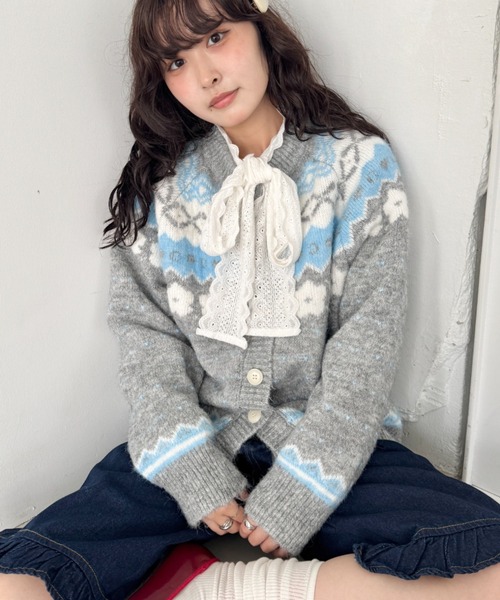セール】フラワーノルディック柄ニットカーディガン（カーディガン