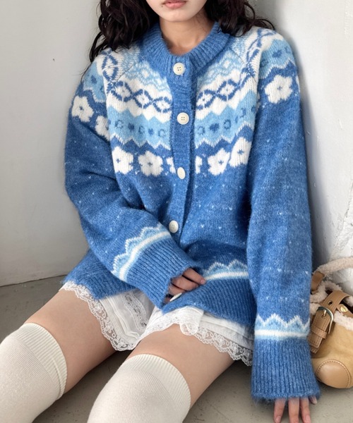 セール】フラワーノルディック柄ニットカーディガン（カーディガン