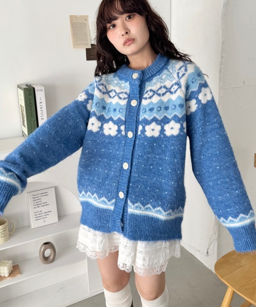 セール】フラワーノルディック柄ニットカーディガン（カーディガン