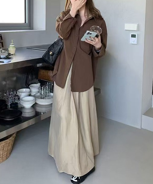 AsheKsha（アシクシャ）の「【新作】3色展開 オーバーサイズロングスリーブシャツ／シンプル無地 羽織りトップス（シャツ/ブラウス・レディース・グリーン/ブラウン/ピンク・S）」の4枚目の写真