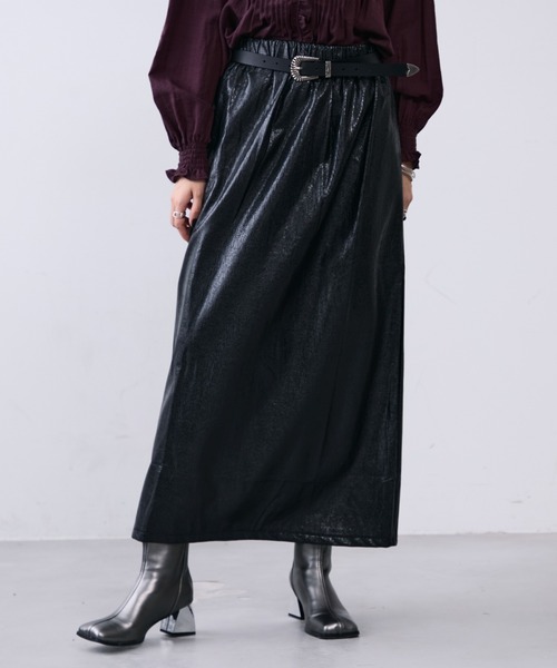 セール】フェイクレザーメタルロングスカート（スカート