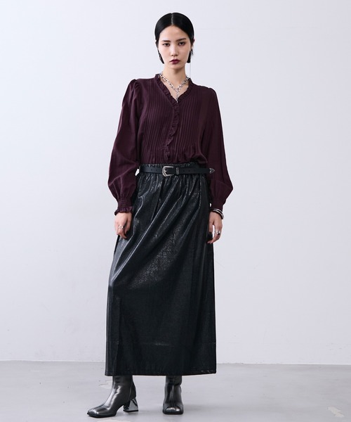セール】フェイクレザーメタルロングスカート（スカート）｜MONOe