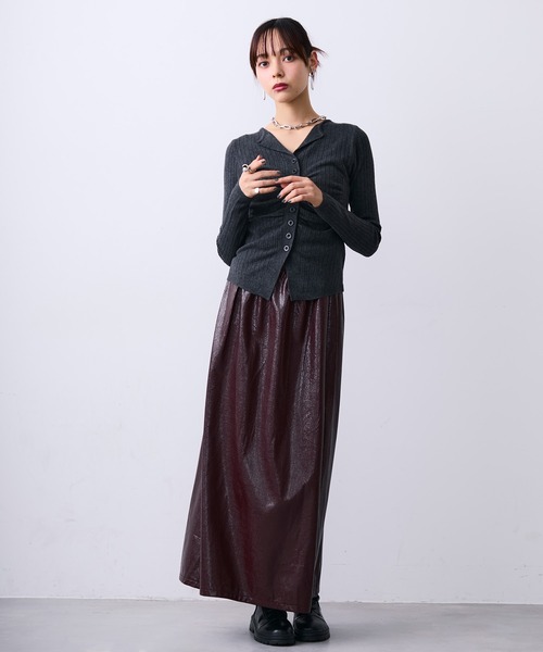 セール】フェイクレザーメタルロングスカート（スカート）｜MONOe