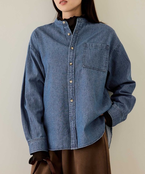 NAVY（ネイビー）の「nAvy ルーズデニムスタンドカラーシャツ（シャツ/ブラウス・メンズ・ブルー系/ブラック系・XL/L/M/S）」の2枚目の写真