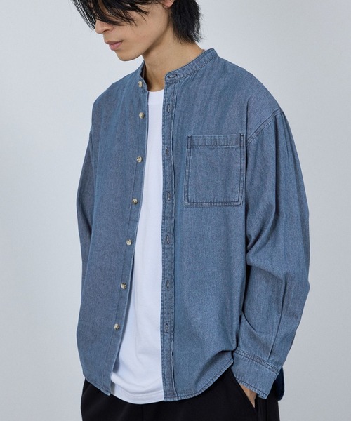 NAVY（ネイビー）の「nAvy ルーズデニムスタンドカラーシャツ（シャツ/ブラウス・メンズ・ブルー系/ブラック系・XL/L/M/S）」の15枚目の写真
