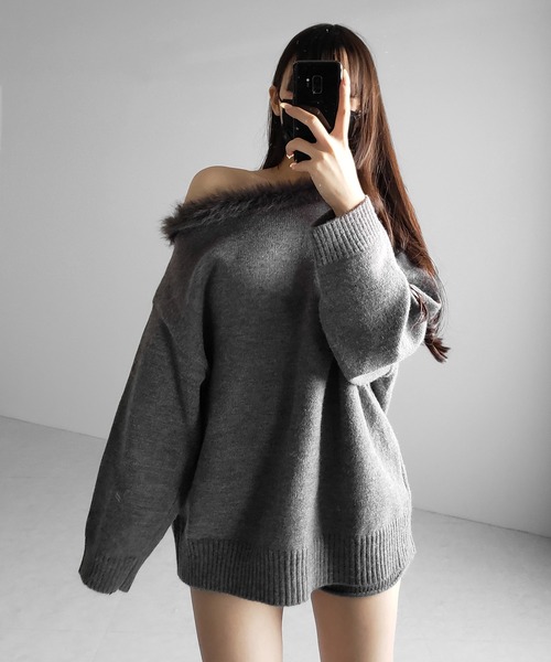 me+em select(ミームセレクト)の「【 ニットセットアップ 】フェイクファーワンショルオーバーニット + ニットショートパンツ SET / fake fur one-shoulder over knit + knit short pants SET(セットアップ・レディース・ダークグレー/ブラック・FREE)」の21枚目の写真