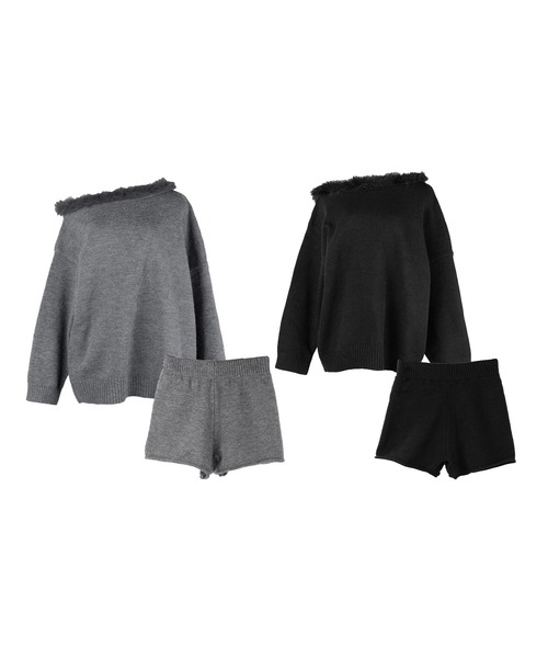 me+em select(ミームセレクト)の「【 ニットセットアップ 】フェイクファーワンショルオーバーニット + ニットショートパンツ SET / fake fur one-shoulder over knit + knit short pants SET(セットアップ・レディース・ダークグレー/ブラック・FREE)」の3枚目の写真