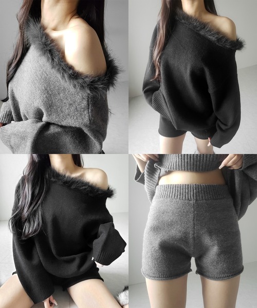 me+em select(ミームセレクト)の「【 ニットセットアップ 】フェイクファーワンショルオーバーニット + ニットショートパンツ SET / fake fur one-shoulder over knit + knit short pants SET(セットアップ・レディース・ダークグレー/ブラック・FREE)」の4枚目の写真