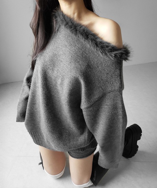 ニットセットアップ 】フェイクファーワンショルオーバーニット ＋