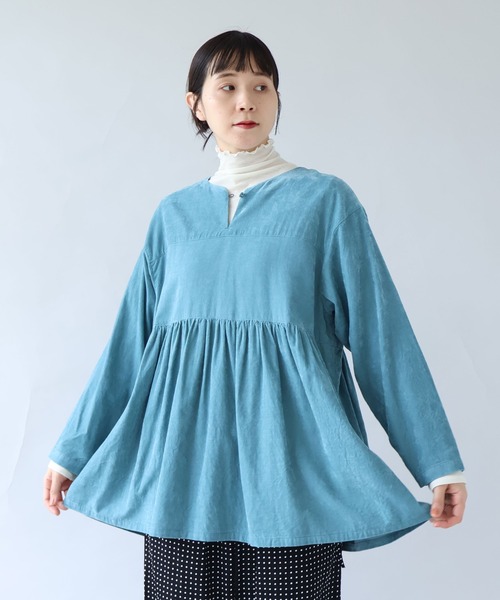 Yuchin  セール】シャンブレーコールタックシャツ2wayチュニックブラウス