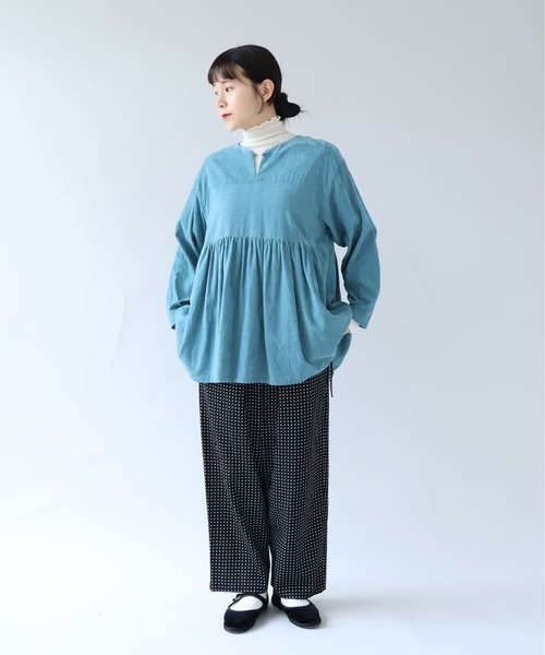 セール】シャンブレーコールタックシャツ2wayチュニックブラウス