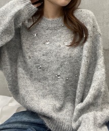 ビジュー付きモヘアタッチニットトップス