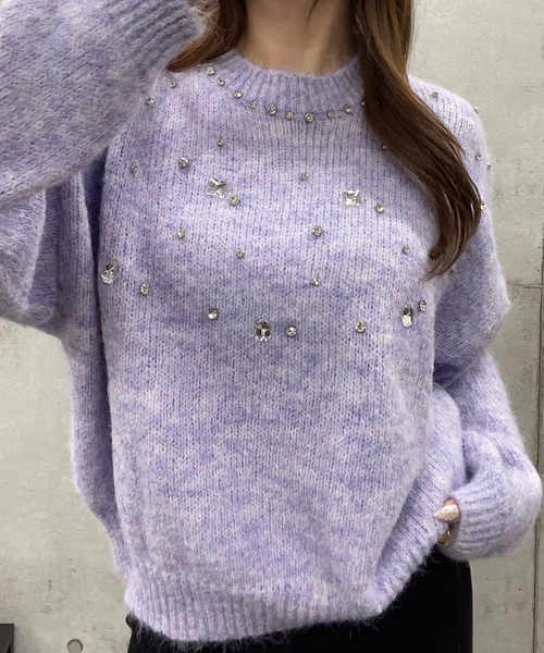 セール】ビジュー付きモヘアタッチニットトップス（ニット/セーター