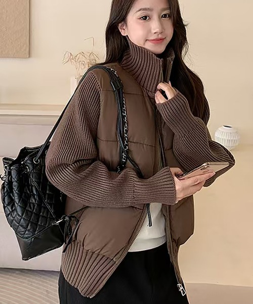 Girly Doll(ガーリードール)の「ニット切り替え中綿ブルゾン(その他アウター・レディース・アイボリー/ブラック/グレー/ブラウン/ピンク・M/L)」の2枚目の写真