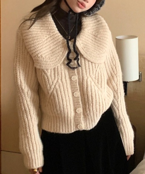 Vipoa（ヴィポア）の「Big lapel chunky knit cardigan（ニット/セーター・レディース・オートミール/グリーン/ピンク/アイボリー・FREE）」の4枚目の写真